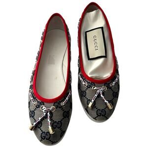GUCCI GG Signature Logo Monogram Ballerina Flats EU 37 US 7 Navy Red Rope Accent